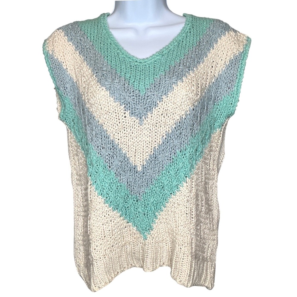 VTG 80s SWEATER BEE x BANFF Womens Teal White Handmade Vest M Chevron Chunky